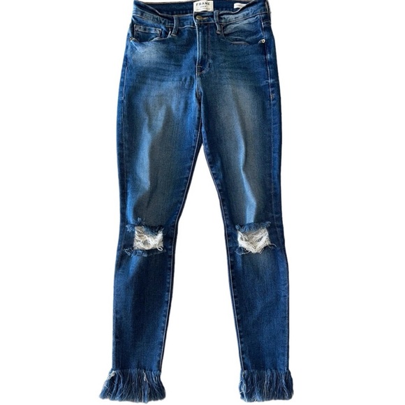 FRAME Denim Le Skinny de Jeanne Distressed Fringe Hem Jeans Size 27 - Picture 5 of 10